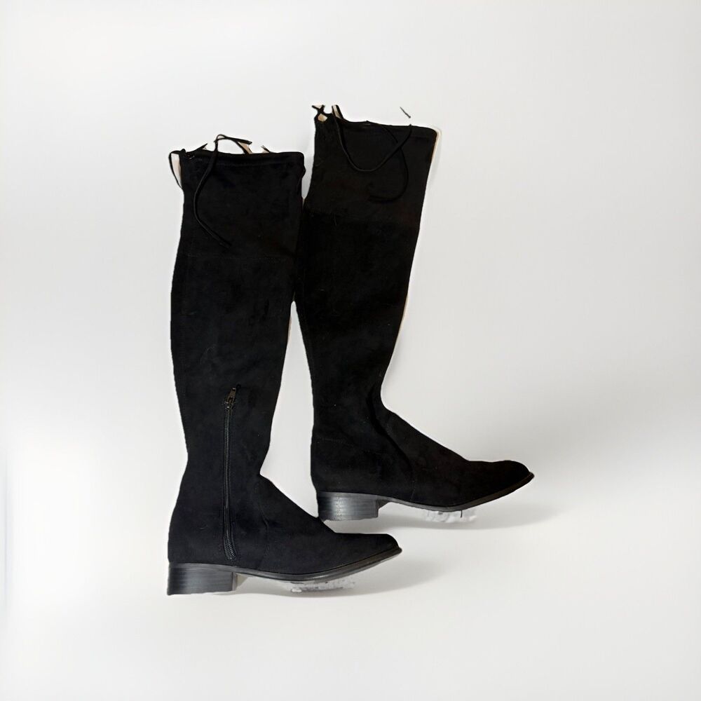 A New Day Black Knee High Boots Women’s Size 7 Faux Suede Tie Back Low Heel